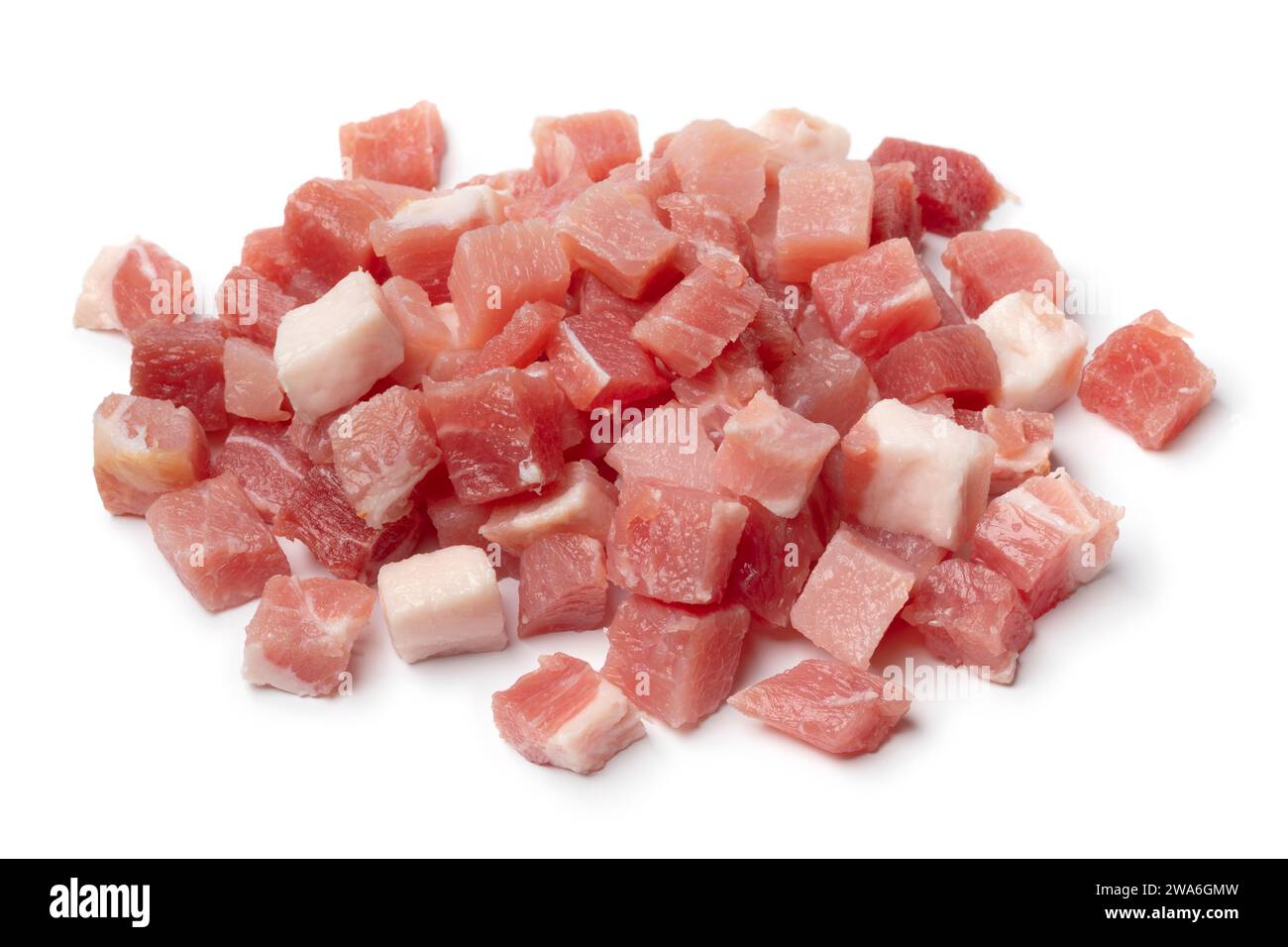 Heap of smoked bacon cubes isolated on white background close up Stock Photo
