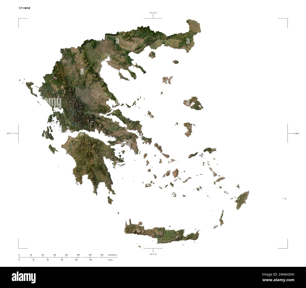 Shape of a low resolution satellite map of the Greece, with distance