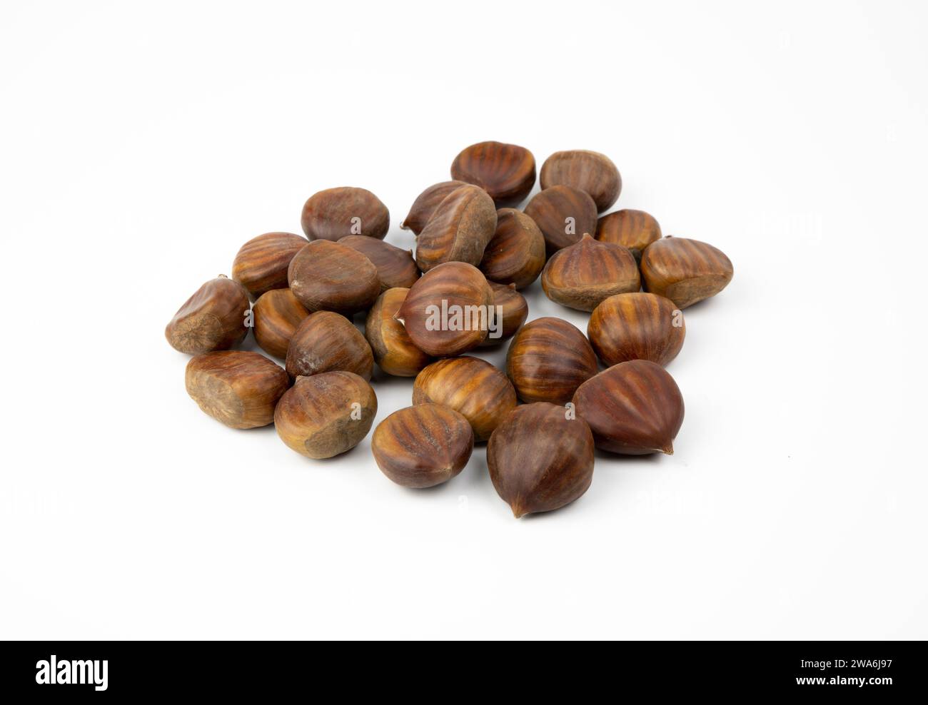 Edible chestnuts isolated on white background. Castanea sativa, the sweet or Spanish chestnut close up. Stock Photo