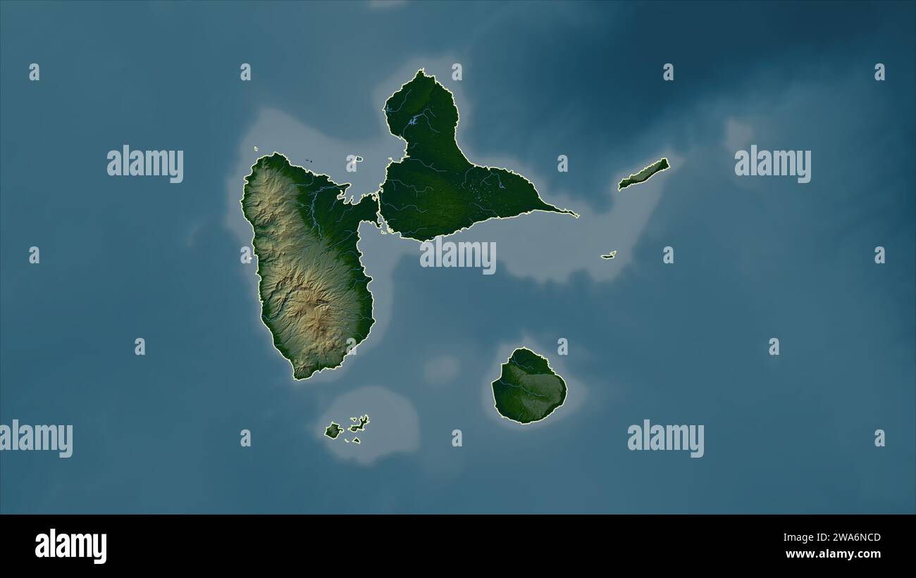 Guadeloupe outlined on a Colored elevation map with lakes and rivers ...