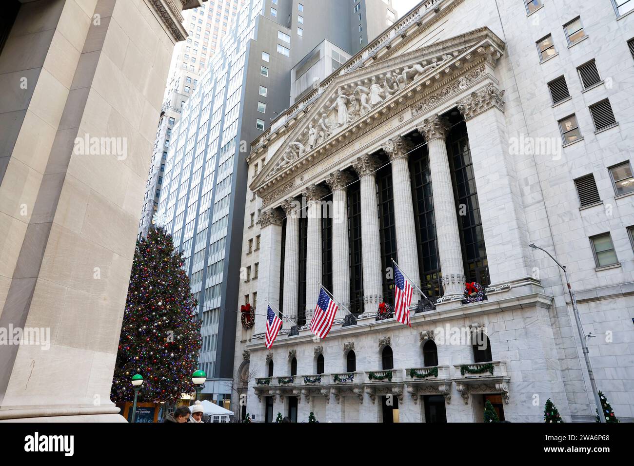 New York, United States. 02nd Jan, 2024. American Flags hang outside of