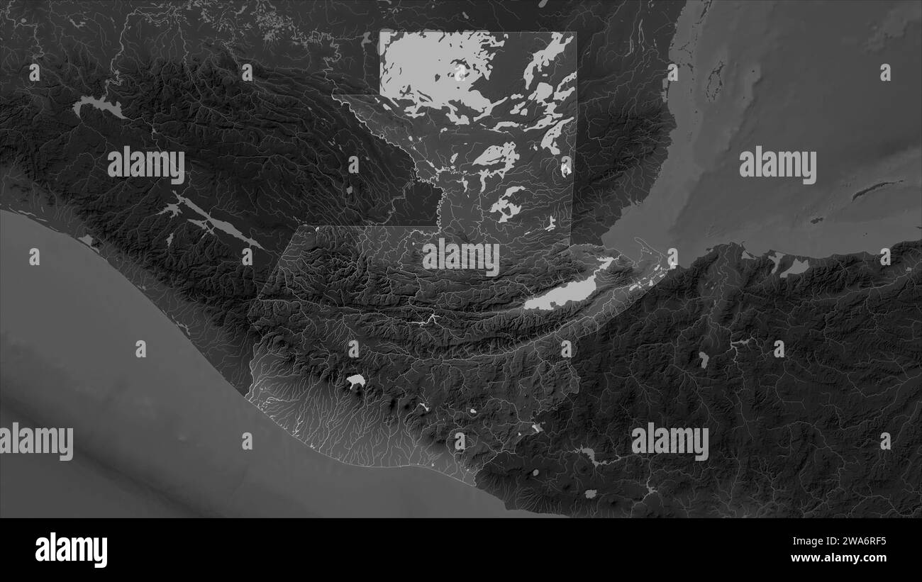 Guatemala highlighted on a Grayscale elevation map with lakes and rivers Stock Photo