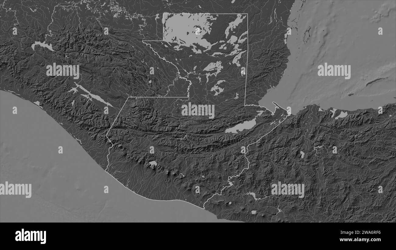 Guatemala outlined on a Bilevel elevation map with lakes and rivers Stock Photo