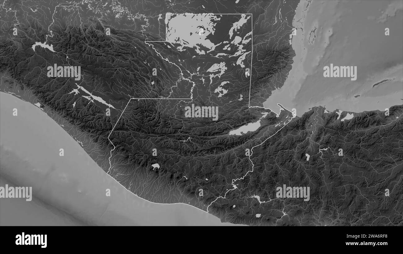 Guatemala outlined on a Grayscale elevation map with lakes and rivers Stock Photo