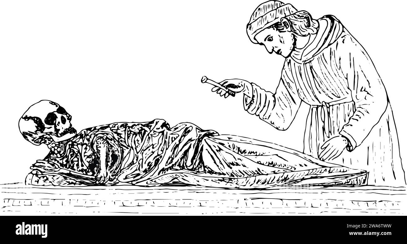 Medieval European doctor in long robes holds a copper rod over a skeleton patient laying on a counter, mortality and death in medieval europe Stock Vector