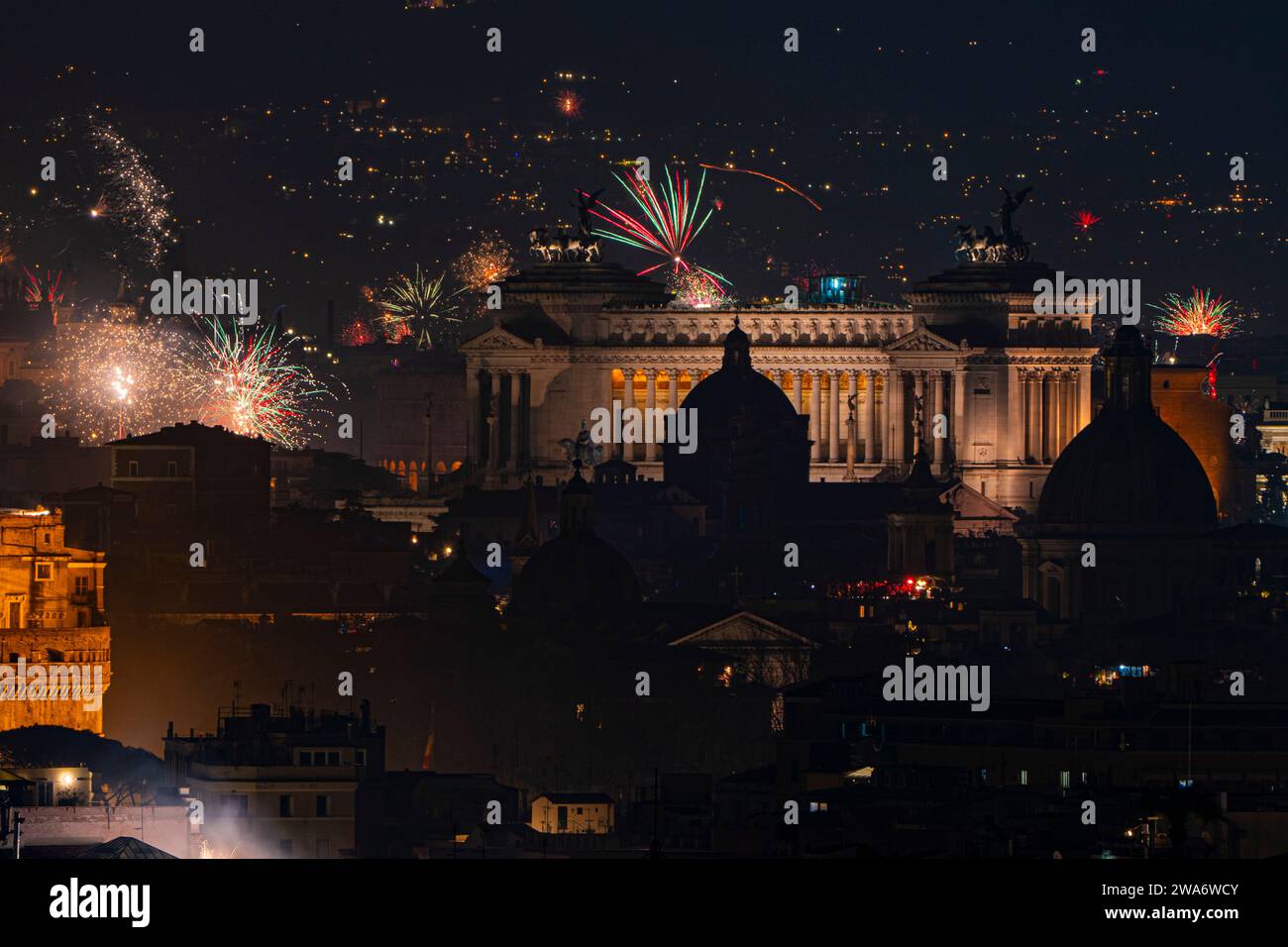 Roma, Italy, January 1, 2025 Fireworks over Rome to celebrate New