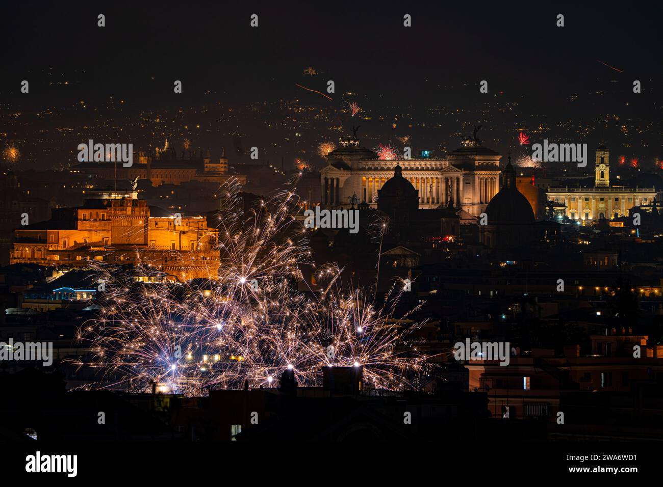 Roma, Italy, January 1, 2024 Fireworks over Rome to celebrate New Years Eve. Credits Luigi de