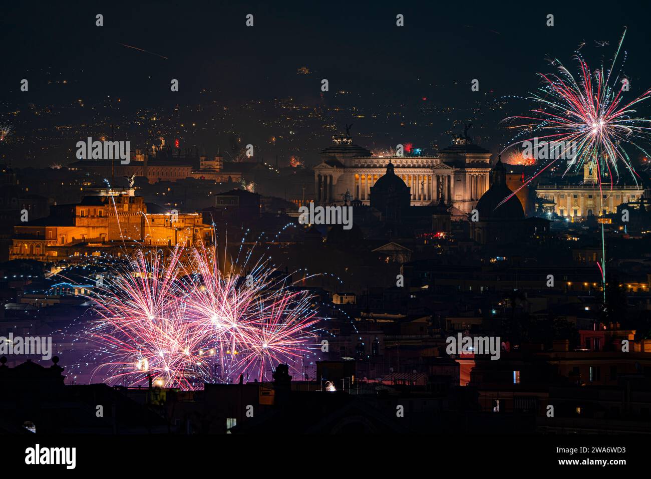 Roma, Italy, January 1, 2025 Fireworks over Rome to celebrate New