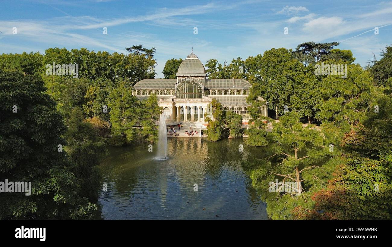 drone photo crystal palace, palacio de cristal Madrid Spain Europe Stock Photo
