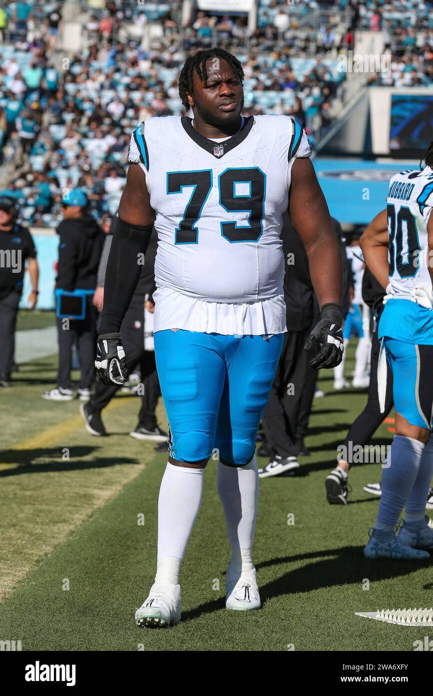 Carolina Panthers offensive tackle Ikem Ekwonu (79) walks the sideline