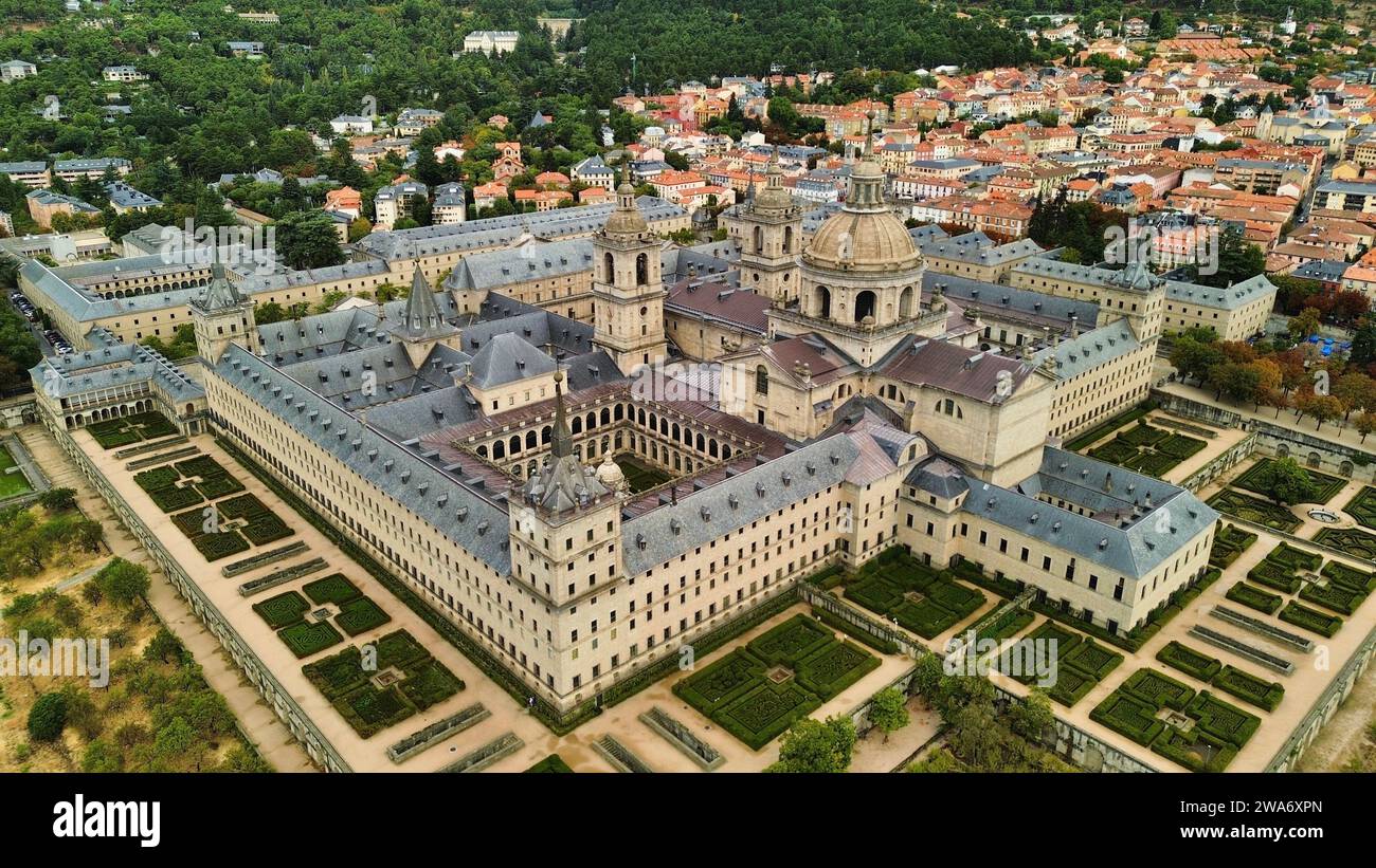 drone photo Royal Monastery of San Lorenzo, Real Monasterio de San Lorenzo de El Escorial Spain Europe Stock Photo