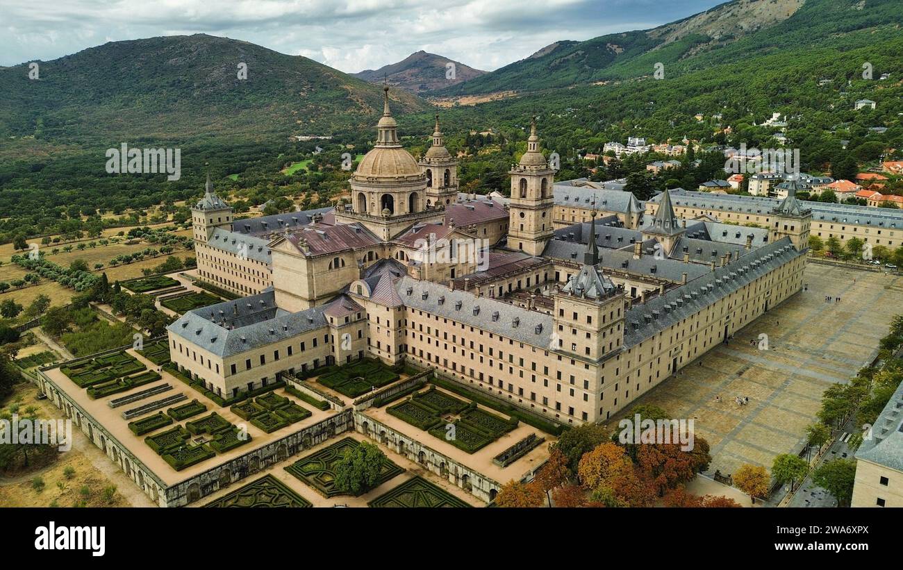drone photo Royal Monastery of San Lorenzo, Real Monasterio de San Lorenzo de El Escorial Spain Europe Stock Photo