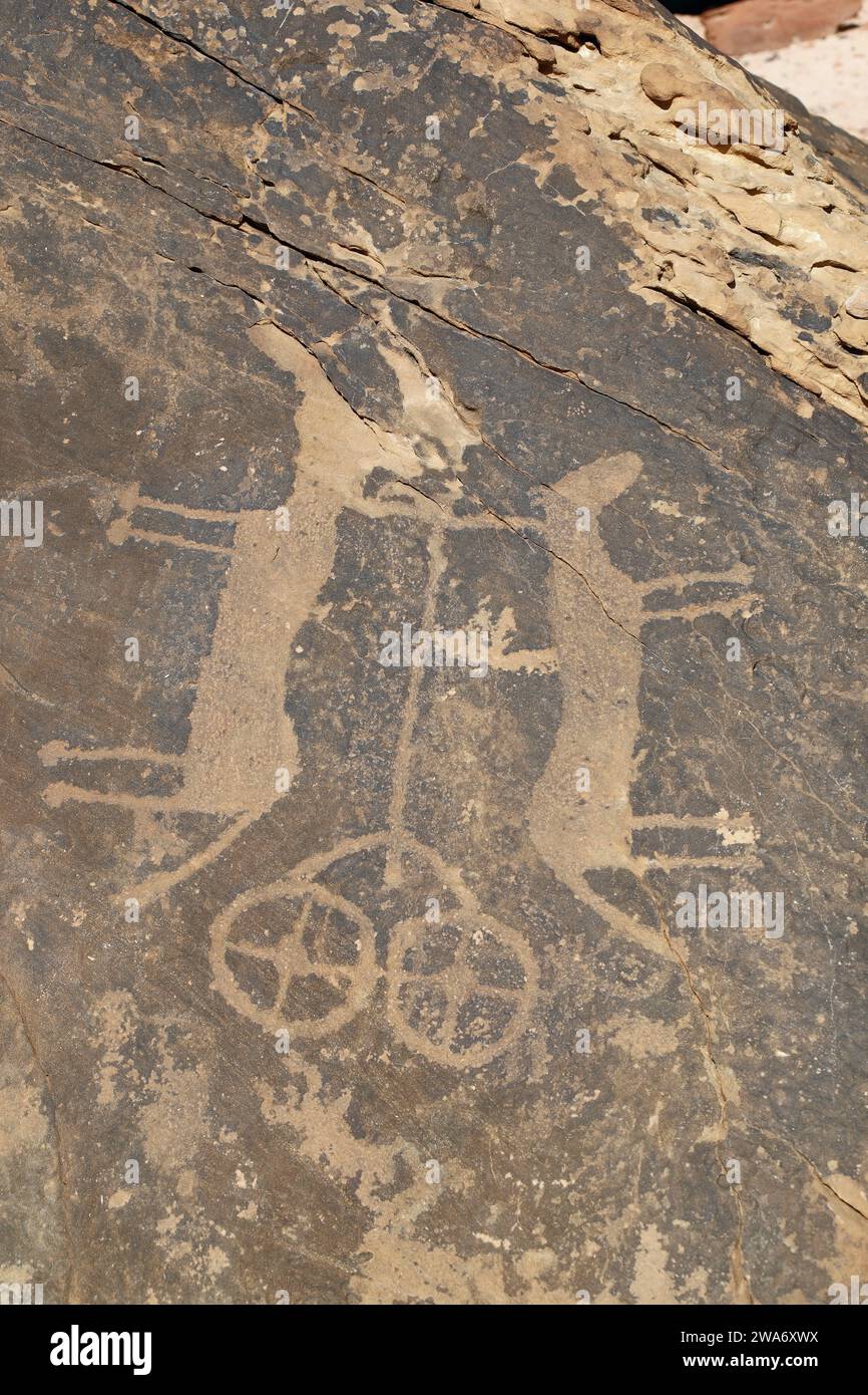 Unique rock art at the Unesco World Heritage Site of Umm Sinman Mountain at Jubbah in Saudi Arabia Stock Photo