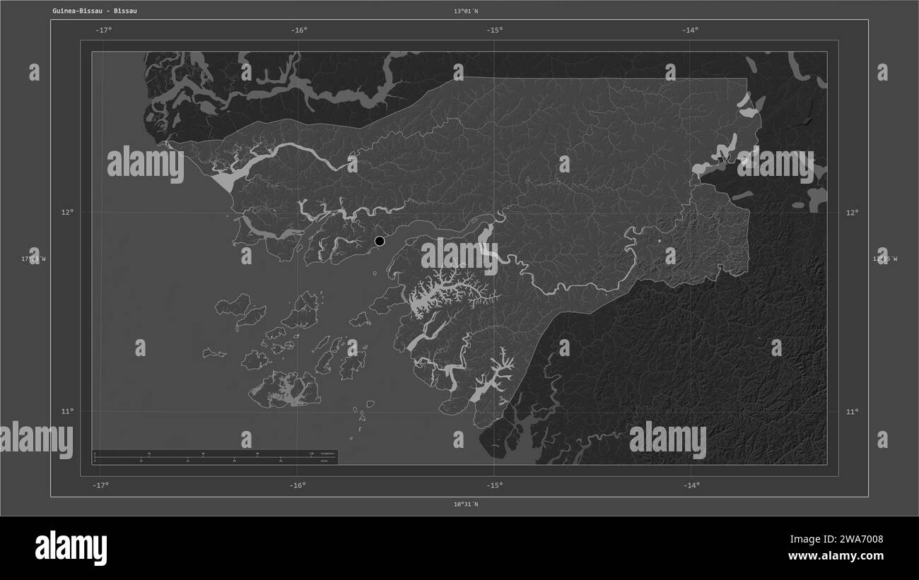 Guinea-Bissau highlighted on a Bilevel elevation map with lakes and rivers map with the country's capital point, cartographic grid, distance scale and Stock Photo