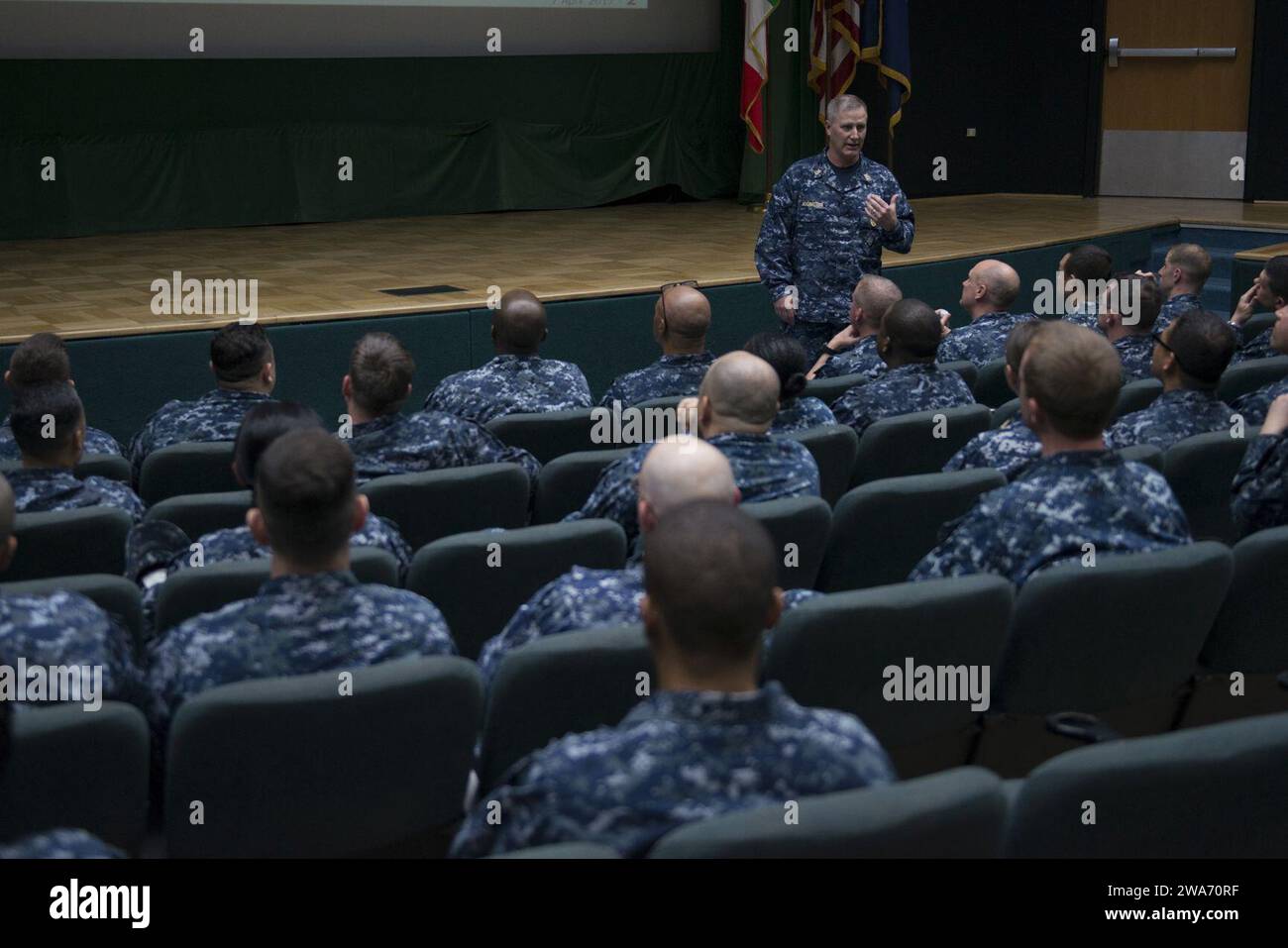 US military forces. 170407WO404-020 NAVAL SUPPORT ACTIVITY NAPLES, Italy (April 7, 2017) U.S. European Command Fleet Master Chief Crispian D. Addington addresses chief petty officers at Naval Support Activity Naples, April 7, 2017. U.S. 6th Fleet, headquartered in Naples, Italy, conducts the full spectrum of joint and naval operations, often in concert with allied, joint, and interagency partners, in order to advance U.S. national interests and security and stability in Europe and Africa. (U.S. Navy photo by Mass Communication Specialist 2nd Class Jonathan Nelson/released) Stock Photo