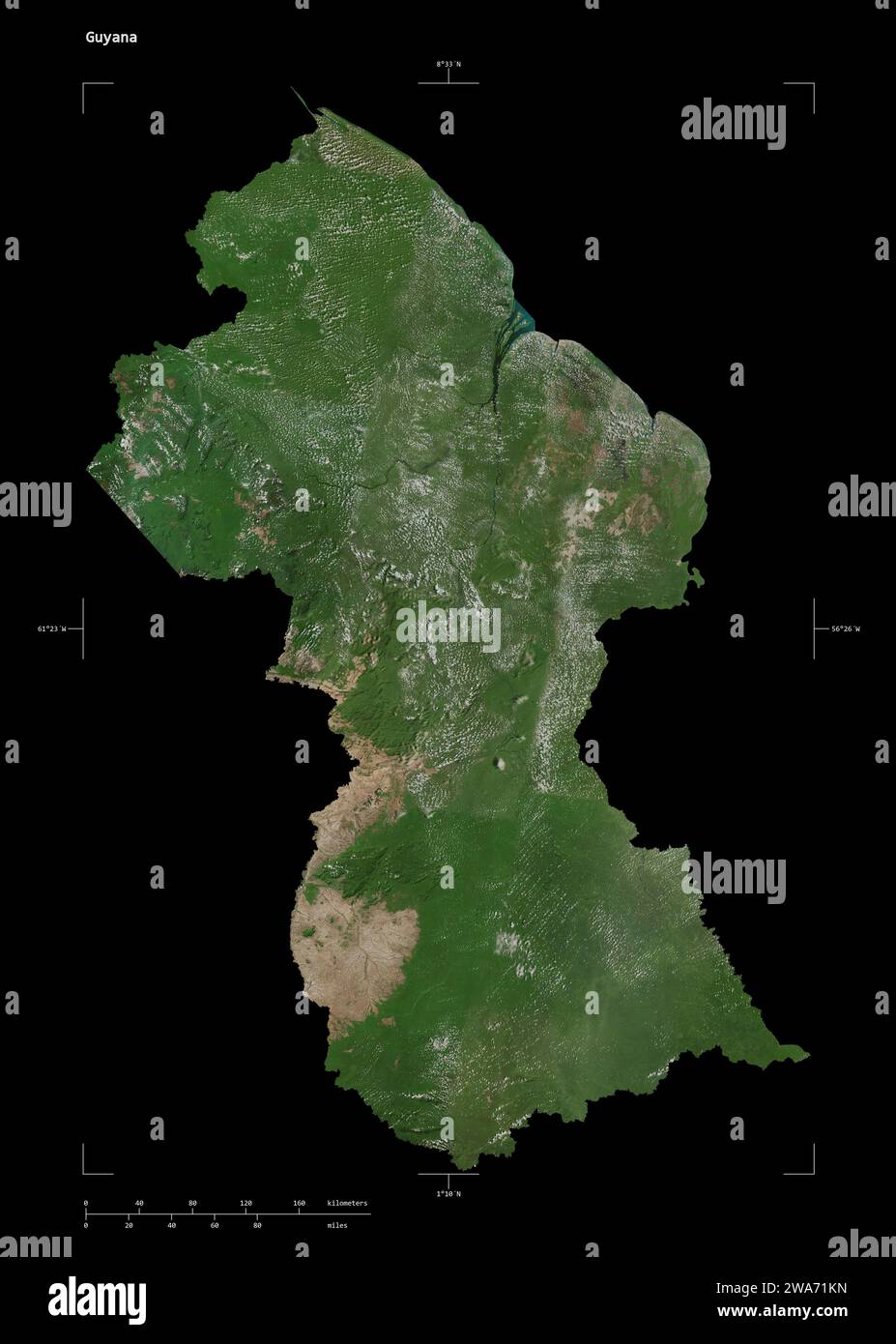 Shape of a high resolution satellite map of the Guyana, with distance