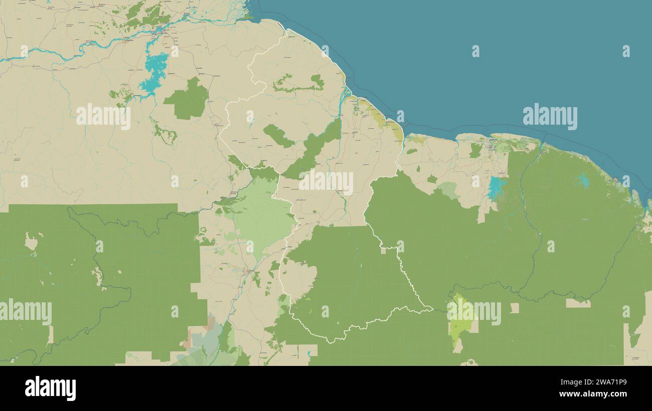 Guyana outlined on a topographic, OSM Humanitarian style map Stock ...