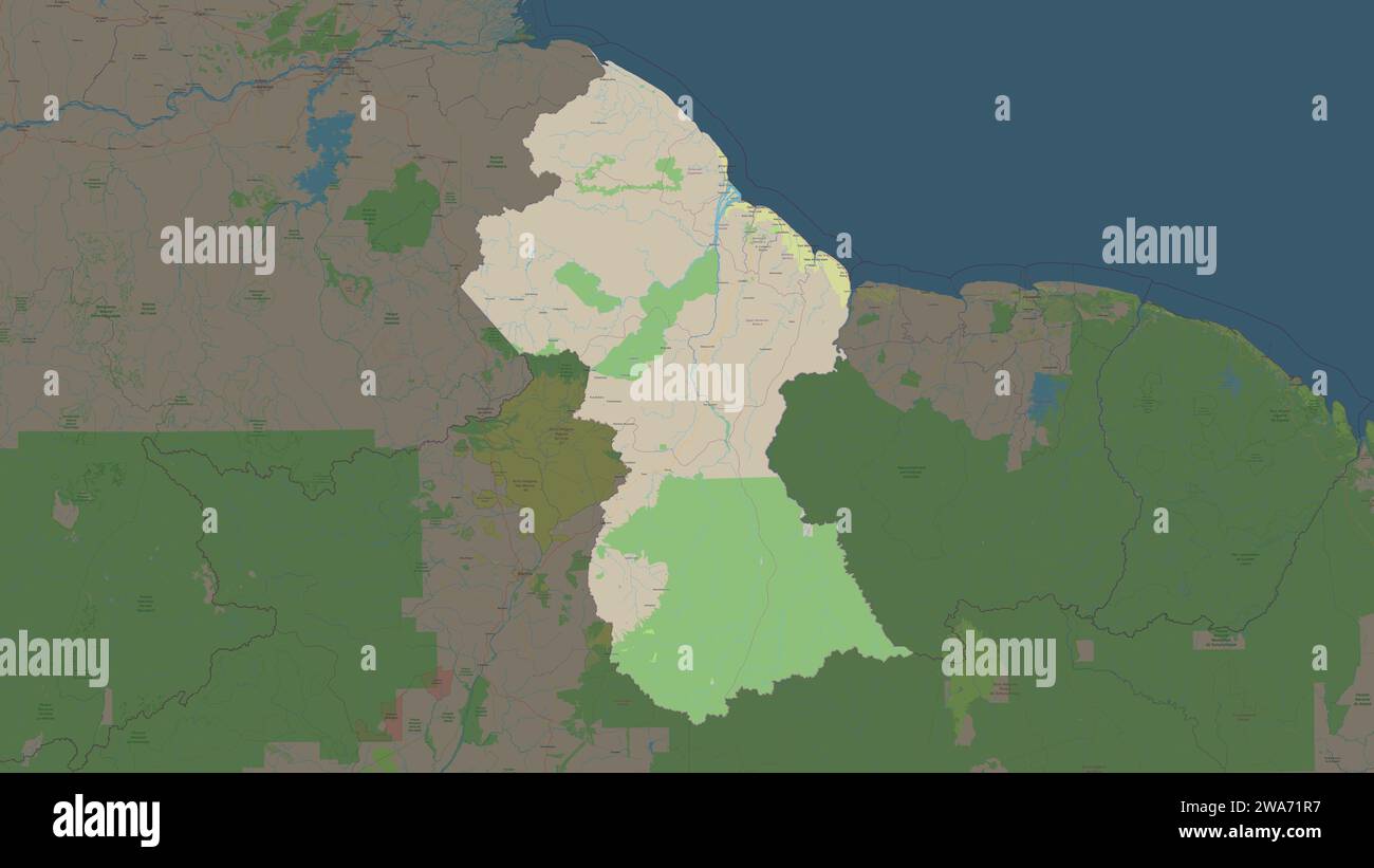 Guyana highlighted on a topographic, OSM standard style map Stock Photo ...