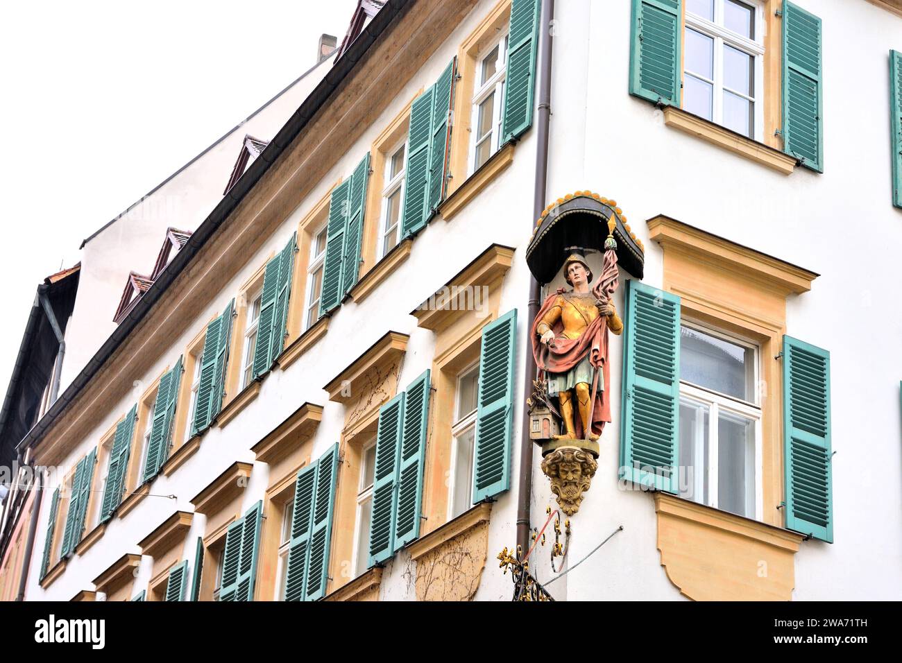 Corner house with magnificent statue, Bamberg, Upper Franconia, Germany