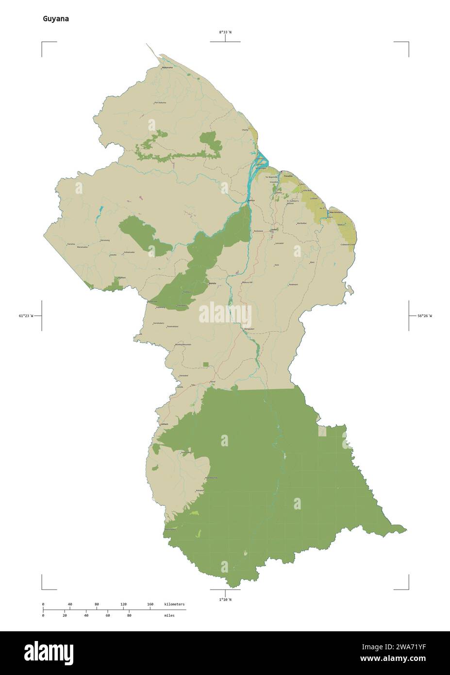 Shape of a topographic, OSM Humanitarian style map of the Guyana, with