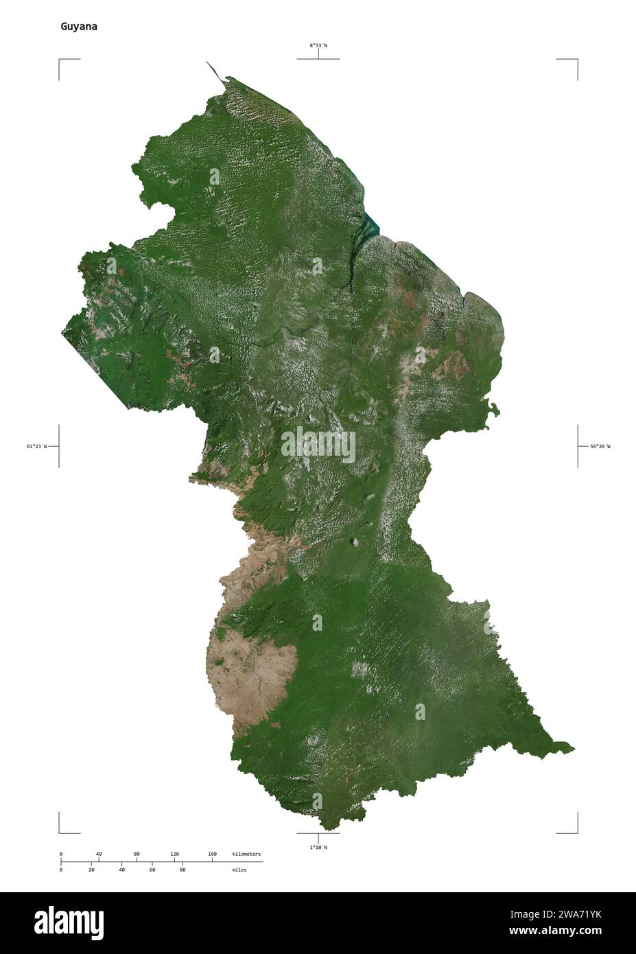 Shape of a high resolution satellite map of the Guyana, with distance