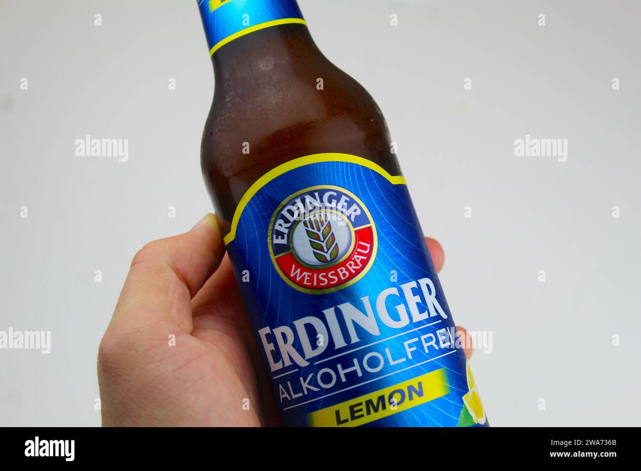 Dublin, Ireland - January 3rd 2024: A photo of the Erdinger Non Alcoholic Lemon beer bottle isolated. Stock Photo