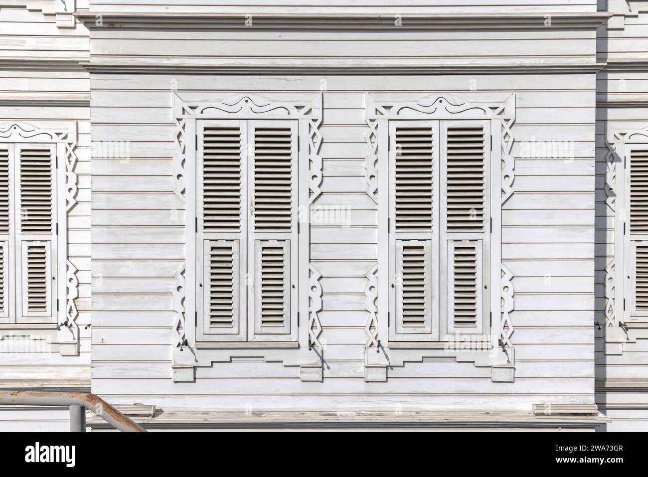 Closed White Windows Shutters Blinds at Wooden House in Turkey Stock