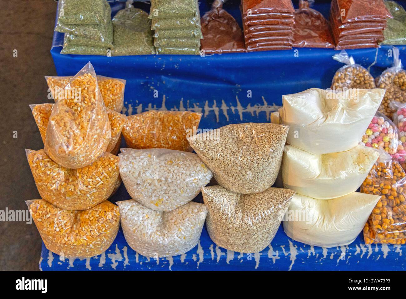 Corn Maize Rice Wheat Grains in Bags at Farmers Market Stock Photo Alamy