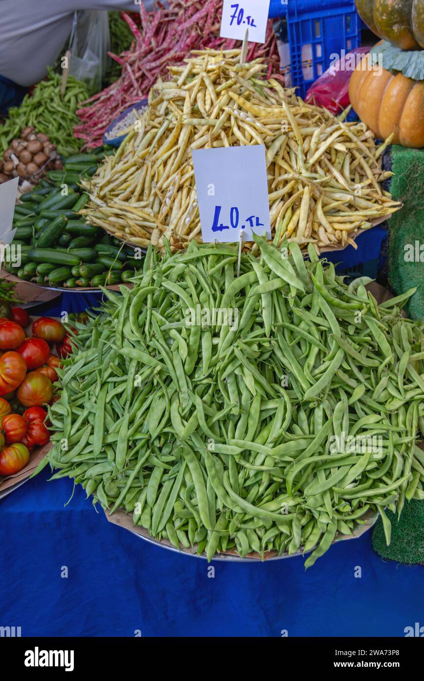 Fresh Green and Yellow String Beans at Farmers Market Stock Photo