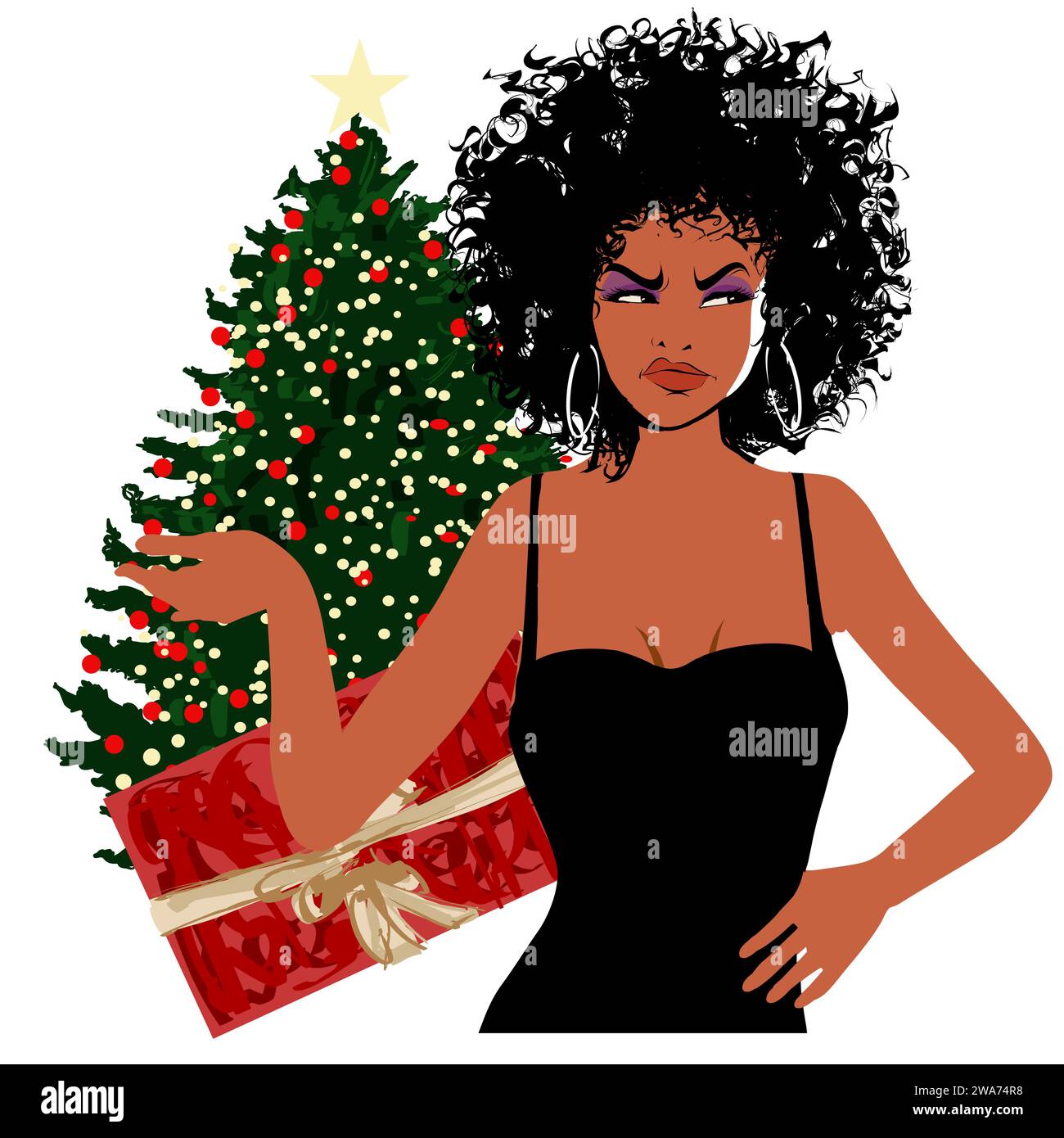 Young woman with afro hairstyle furious over unwanted Christmas gift - Vector Illustration Stock Vector