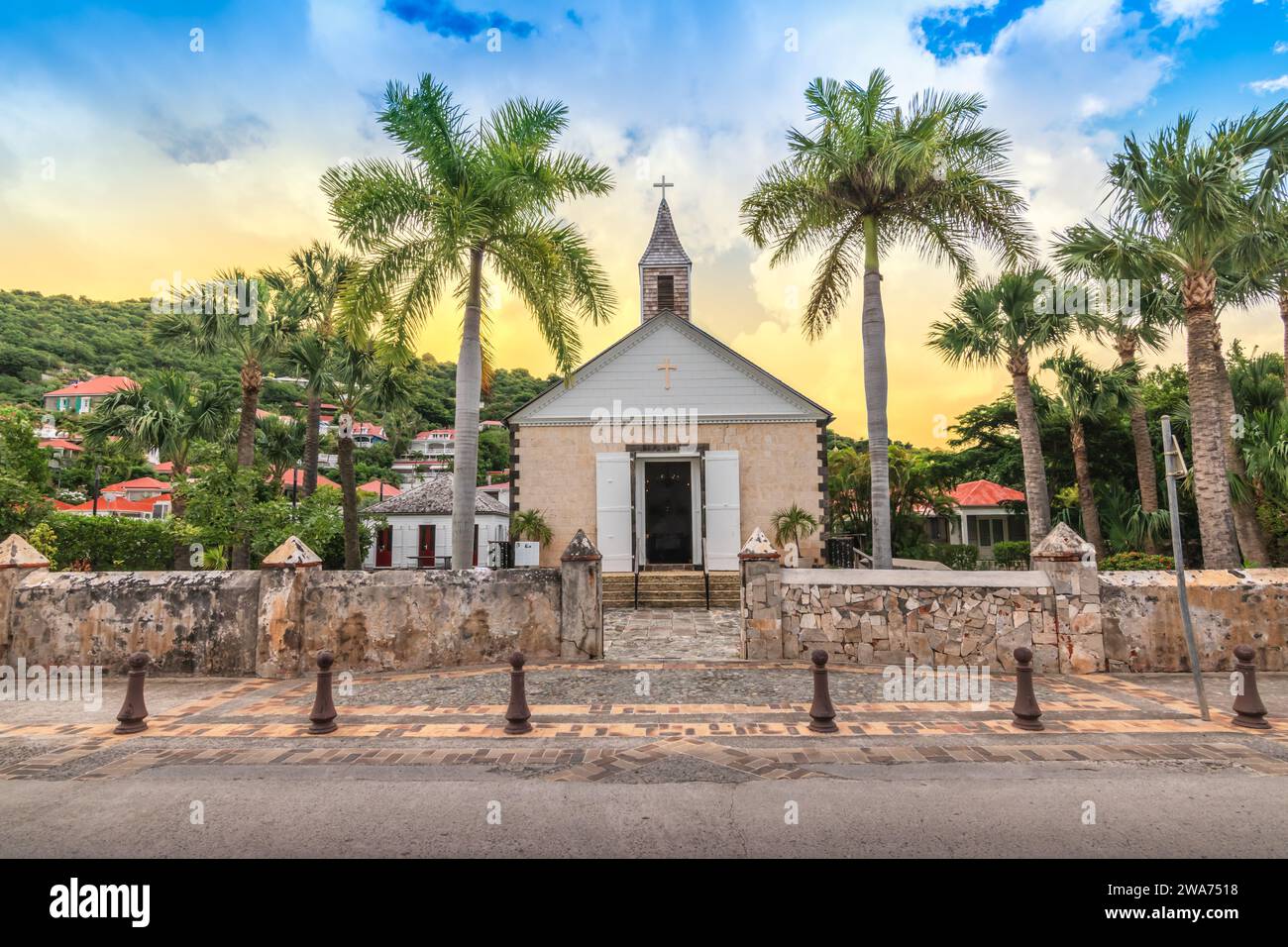 Anglican church in Gustavia, Saint Barthelemy at sunset. Stock Photo