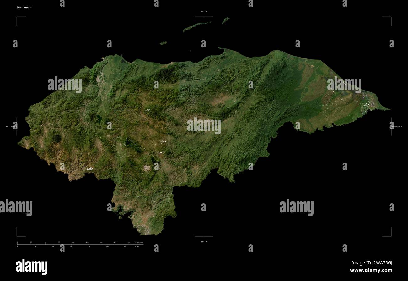 Shape of a low resolution satellite map of the Honduras, with distance scale and map border coordinates, isolated on black Stock Photo