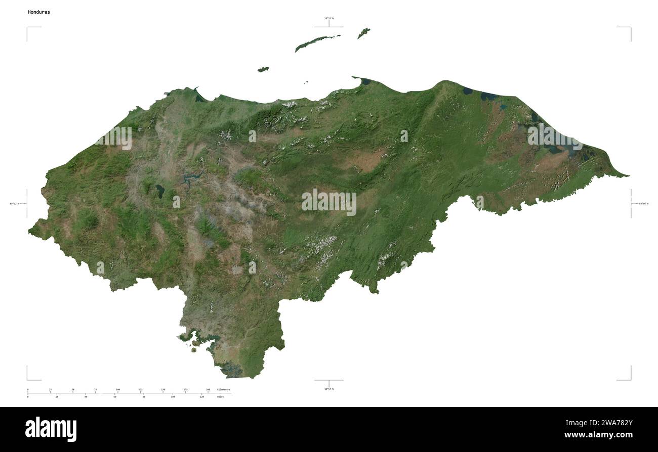 Shape of a high resolution satellite map of the Honduras, with distance scale and map border coordinates, isolated on white Stock Photo