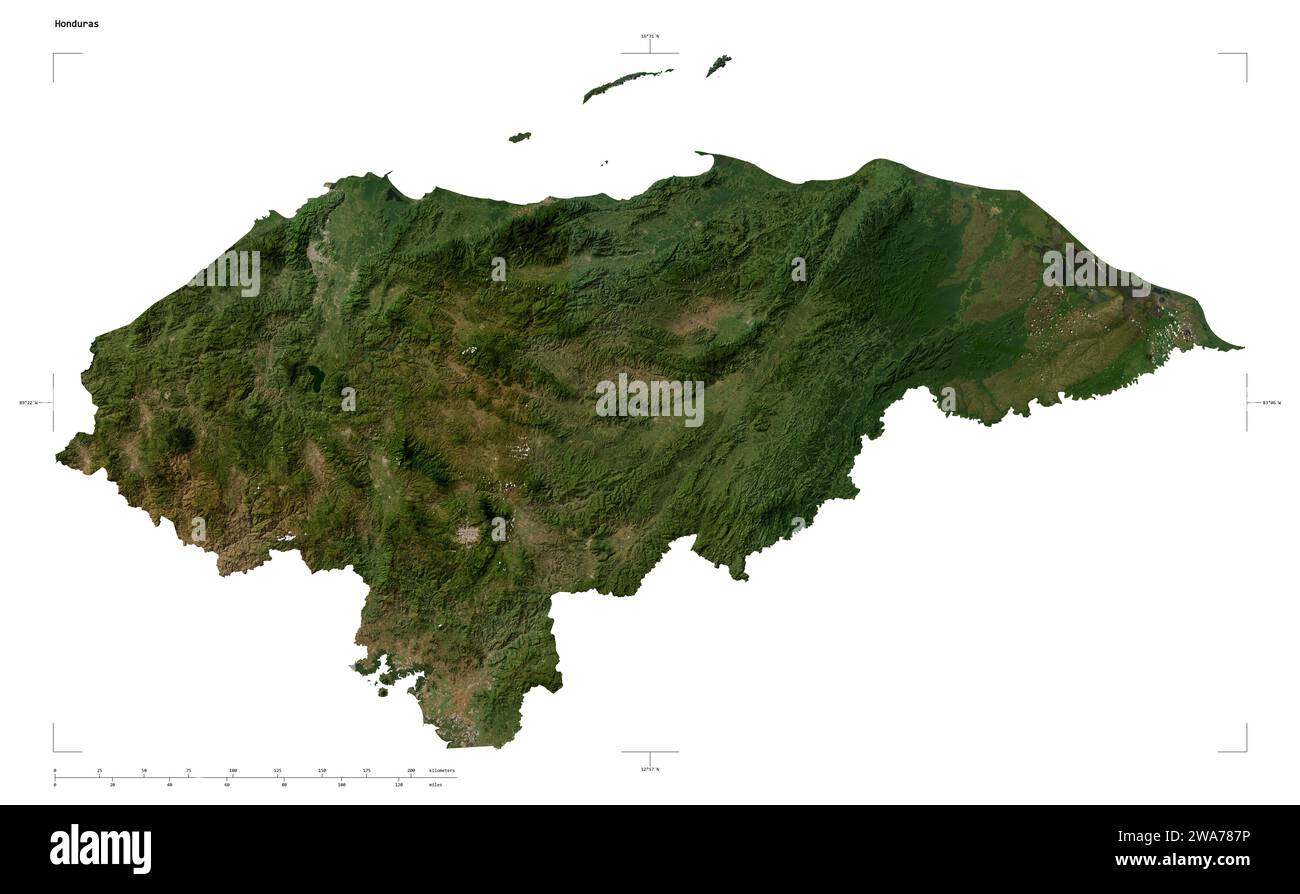 Shape of a low resolution satellite map of the Honduras, with distance scale and map border coordinates, isolated on white Stock Photo