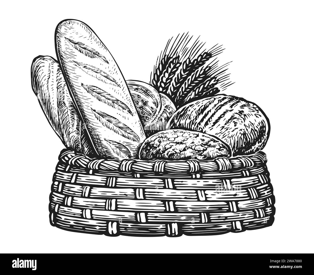 Breads and ears of wheat sketch illustration. Fresh baked goods in basket, vintage Stock Vector