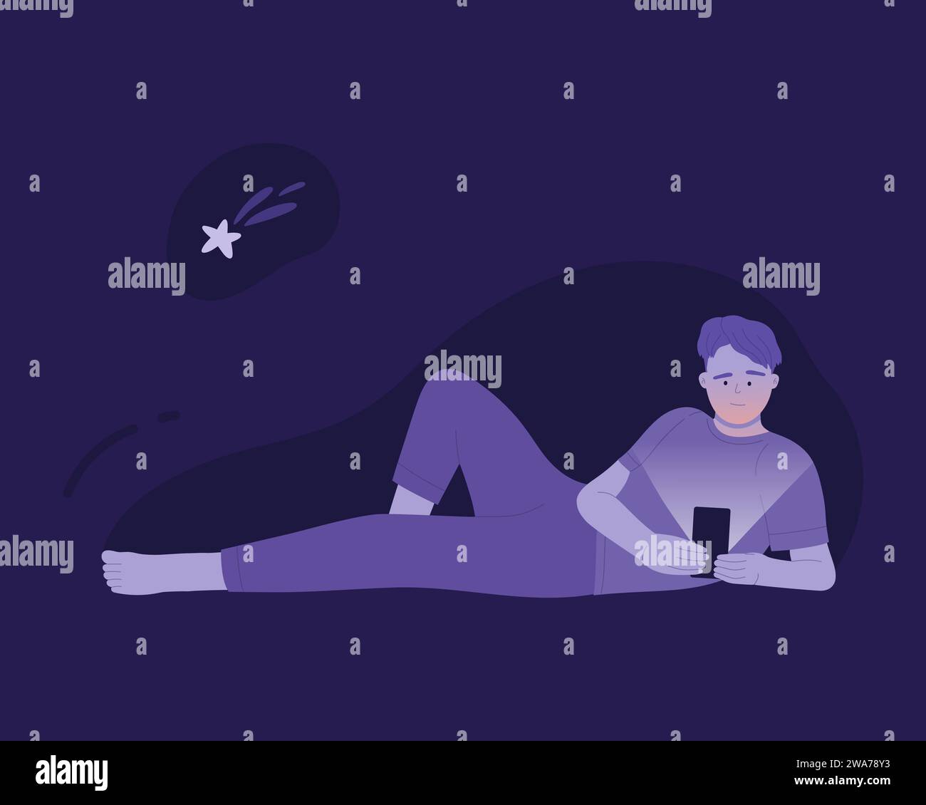 Sleepless boy lying awake in bed. Bad night habit of using smartphone