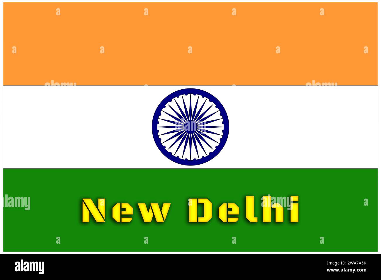 India, Indian flag with the name of the capital of New Delhi, the flag with the correct official proportions and colors. Stock Photo