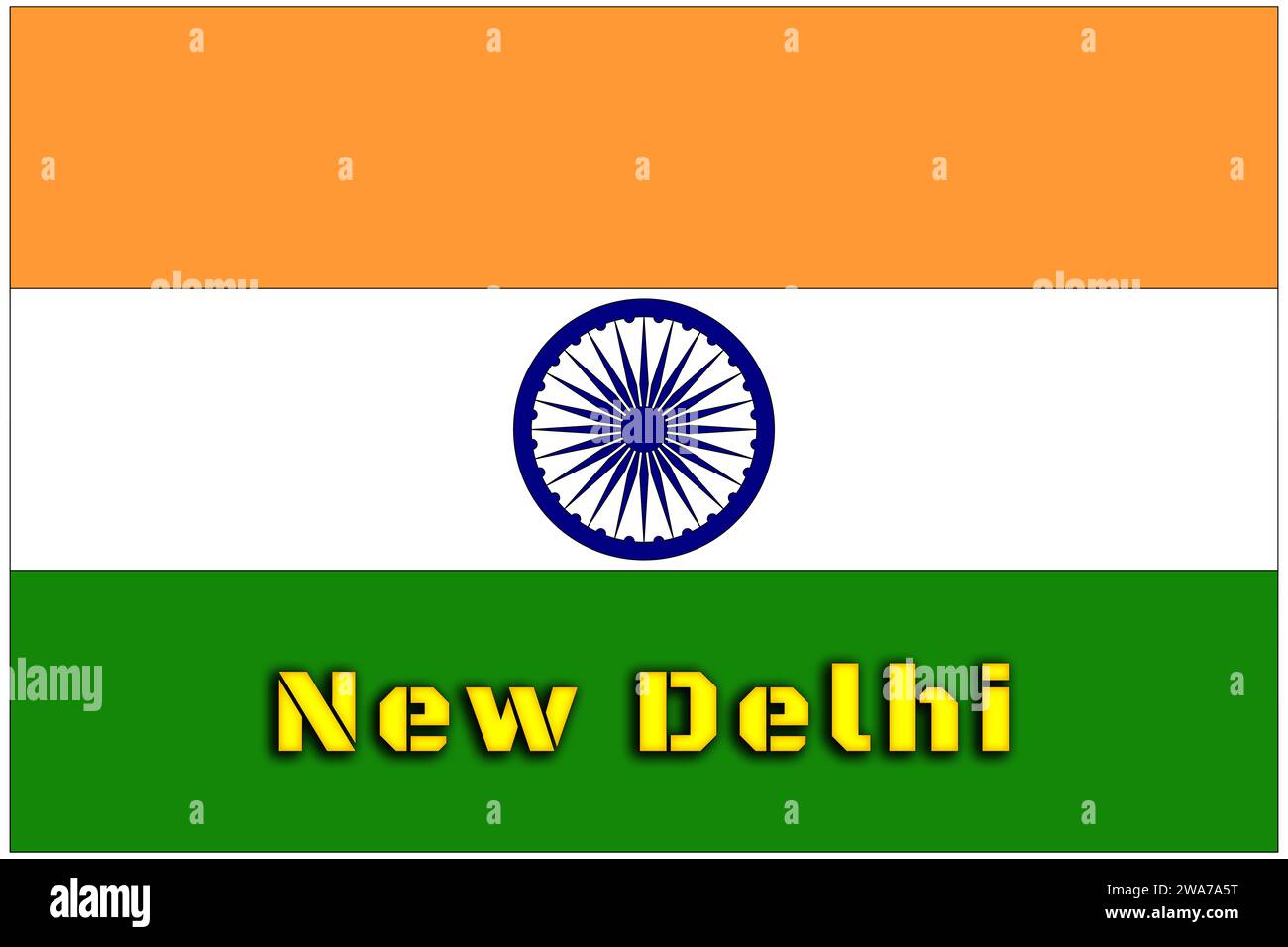 India, Indian flag with the name of the capital of New Delhi, the flag with the correct official proportions and colors. Stock Photo