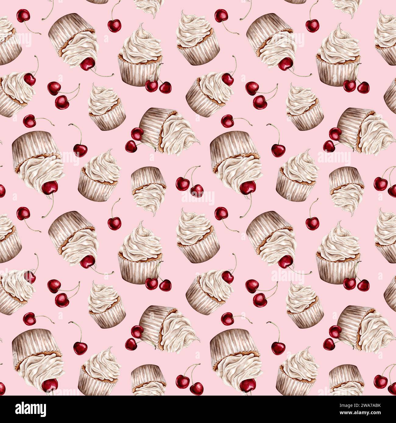 Seamless pattern watercolor sweets cupcake with cherry. Design holidays ...