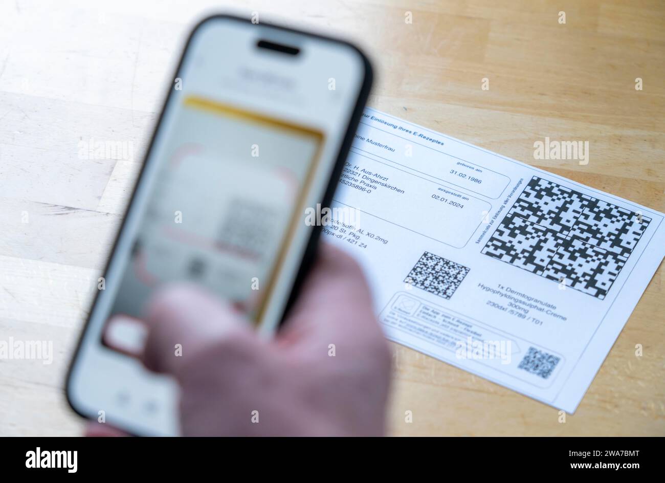 Symbolic image of an e-prescription, prescription issued by a doctor, with QR code, is scanned using a mobile phone and a special app, the code is the Stock Photo