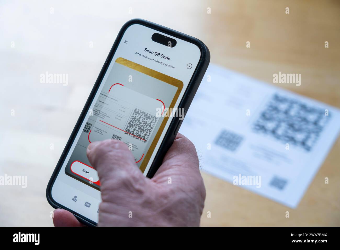 Symbolic image of an e-prescription, prescription issued by a doctor, with QR code, is scanned using a mobile phone and a special app, the code is the Stock Photo