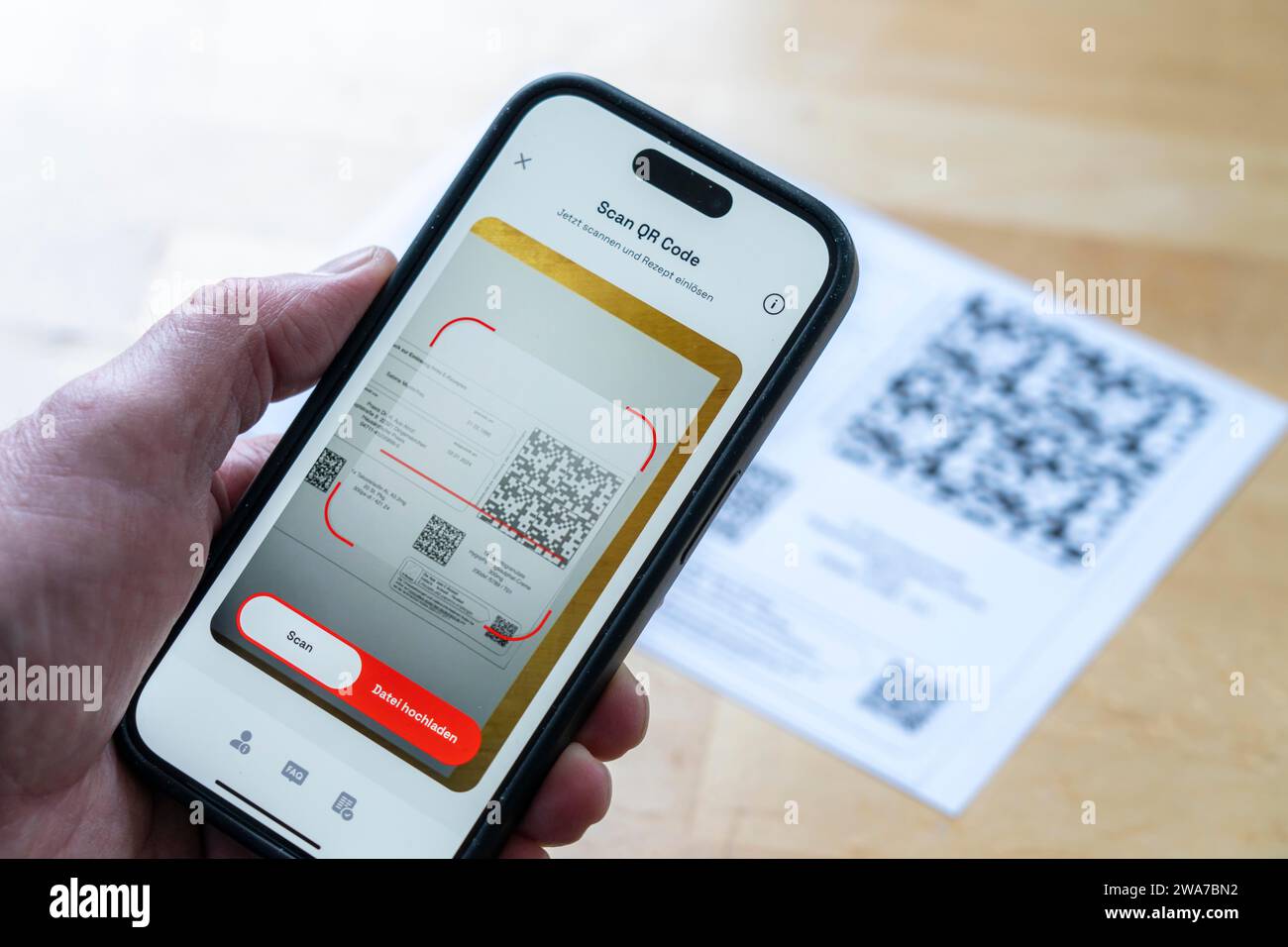 Symbolic image of an e-prescription, prescription issued by a doctor, with QR code, is scanned using a mobile phone and a special app, the code is the Stock Photo