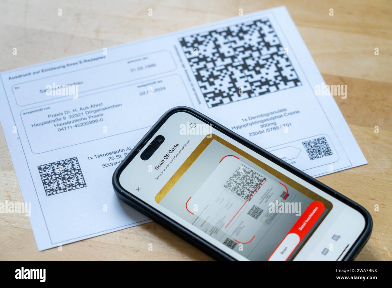Symbolic image of an e-prescription, prescription issued by a doctor, with QR code, is scanned using a mobile phone and a special app, the code is the Stock Photo