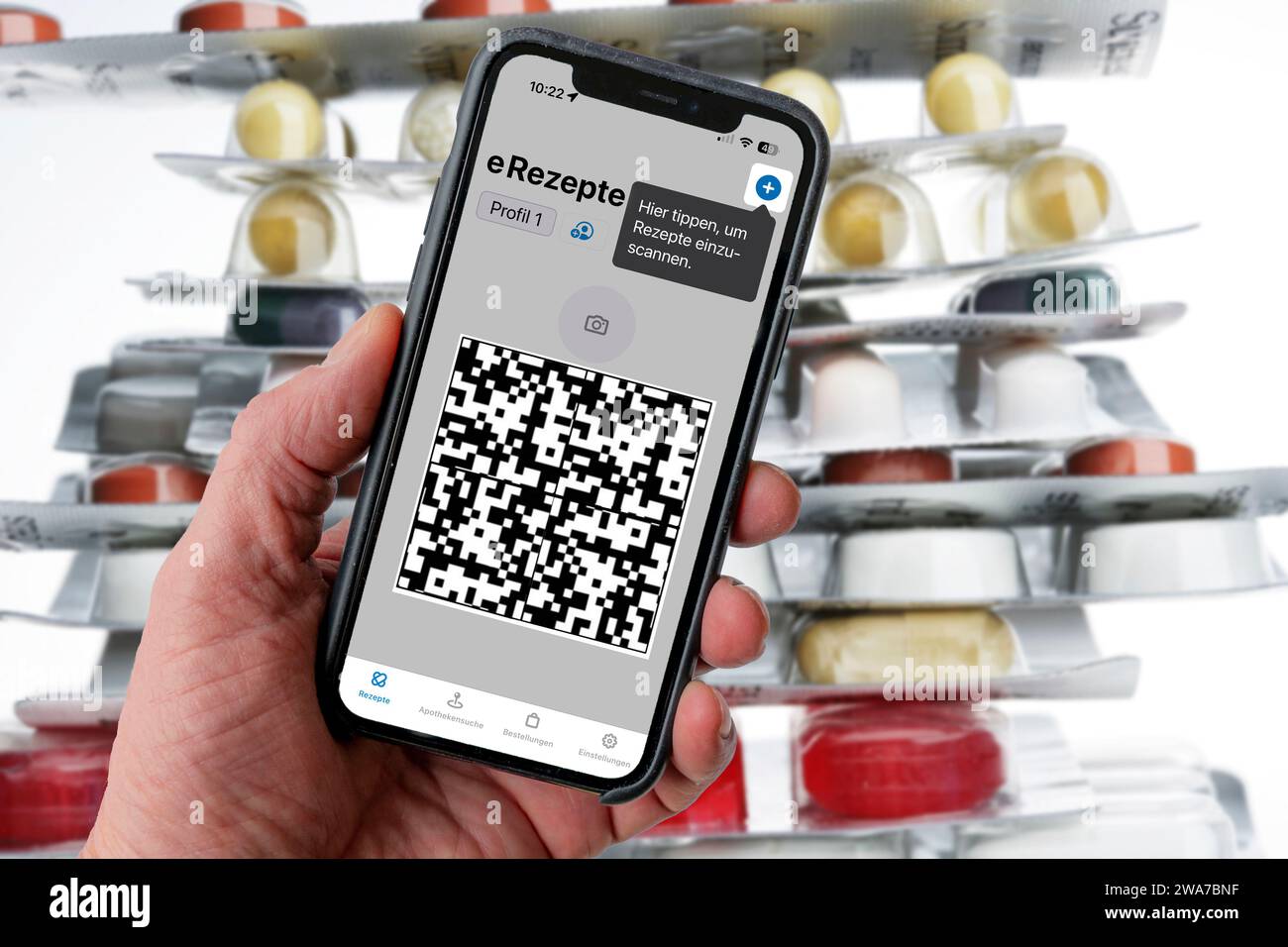 Symbolic image of an e-prescription, prescription issued by a doctor, with QR code, is scanned using a mobile phone and a special app, the code is the Stock Photo