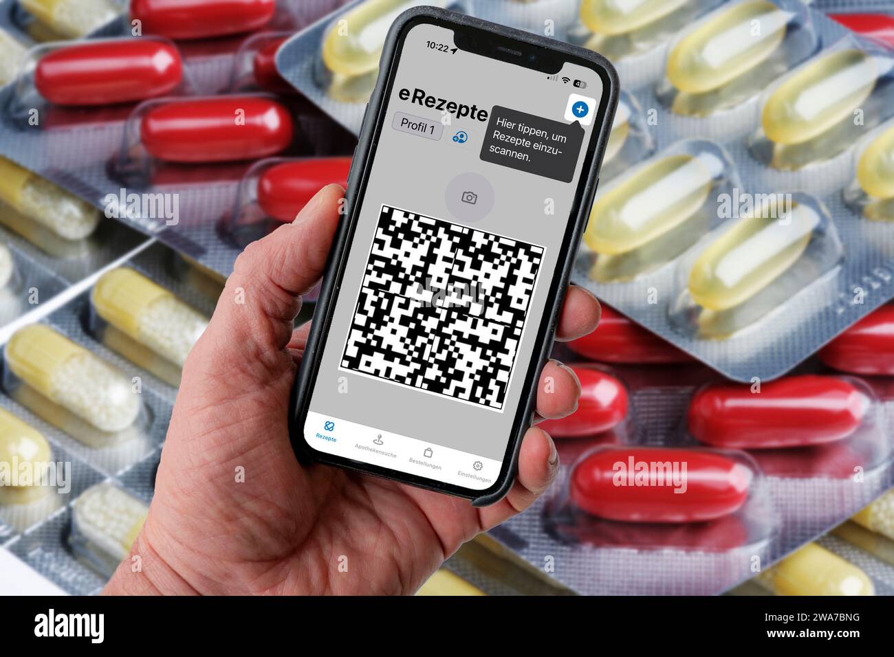 Symbolic image of an e-prescription, prescription issued by a doctor, with QR code, is scanned using a mobile phone and a special app, the code is the Stock Photo