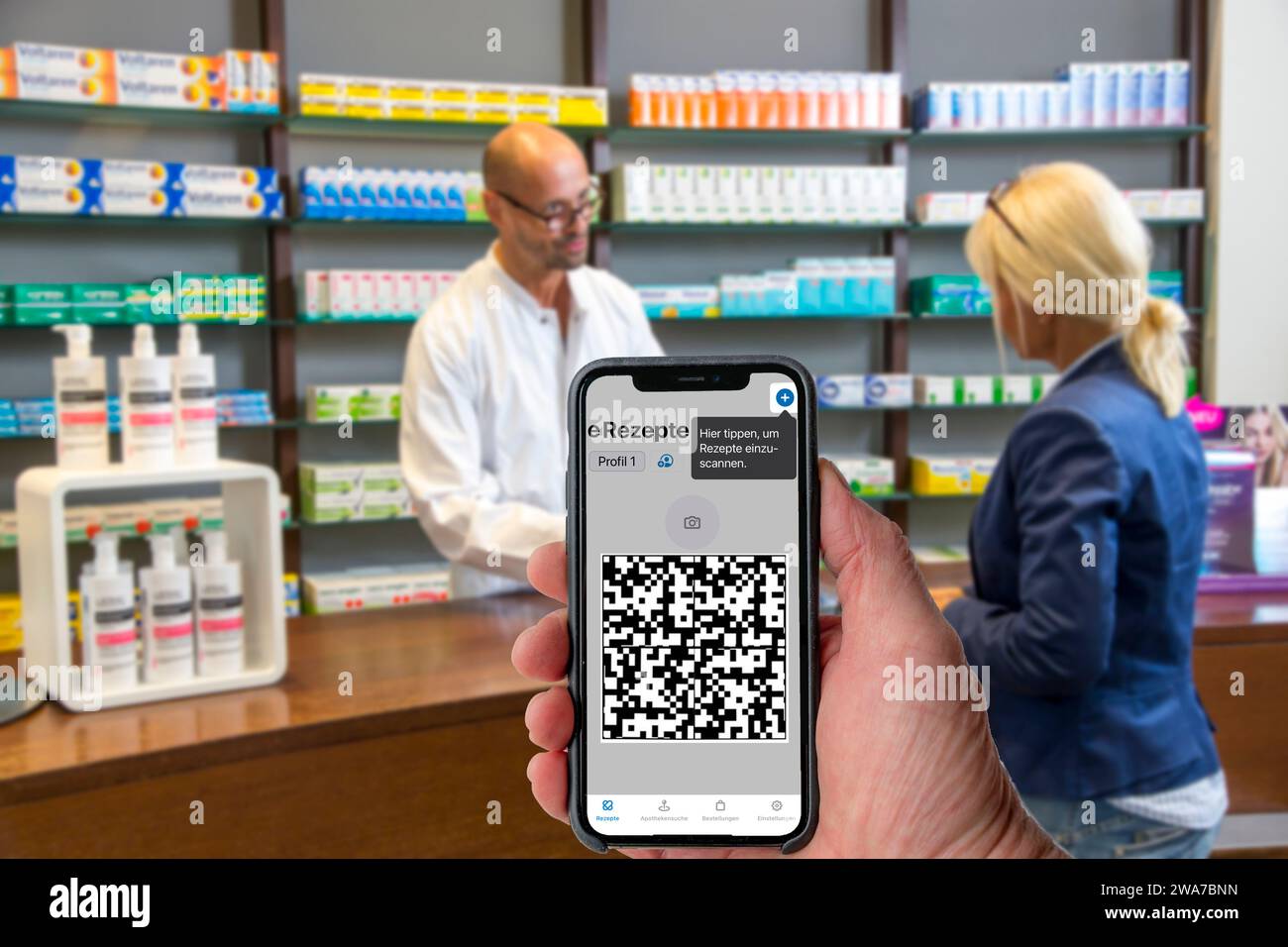 Symbolic image of an e-prescription, prescription issued by a doctor, with QR code, is scanned using a mobile phone and a special app, the code is the Stock Photo