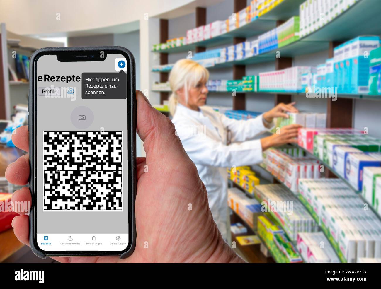 Symbolic image of an e-prescription, prescription issued by a doctor, with QR code, is scanned using a mobile phone and a special app, the code is the Stock Photo