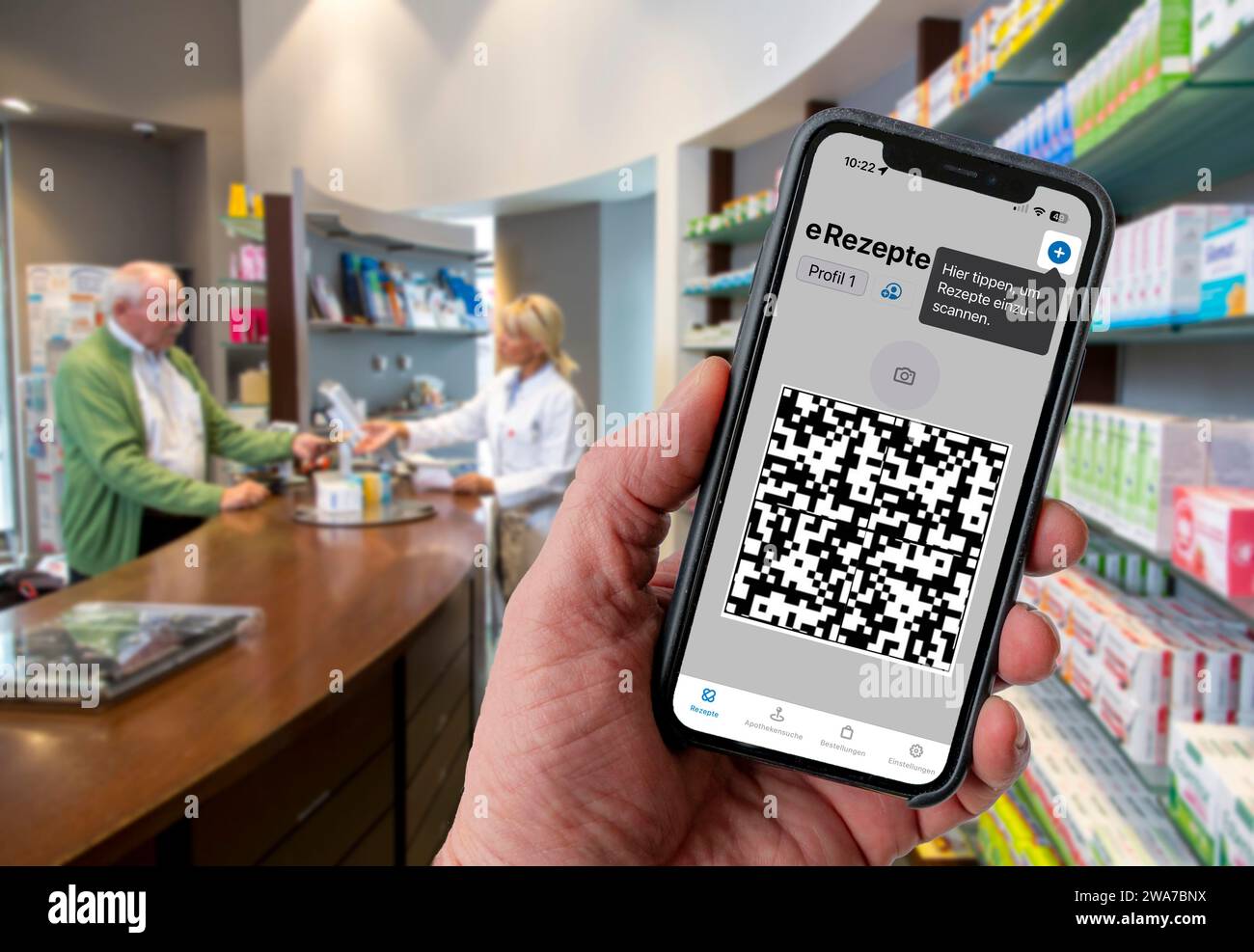 Symbolic image of an e-prescription, prescription issued by a doctor, with QR code, is scanned using a mobile phone and a special app, the code is the Stock Photo