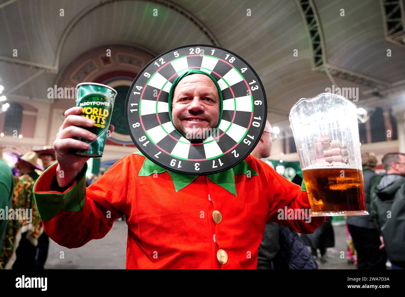 A general view of a fan on day fifteen of the Paddy Power World Darts Championship at Alexandra Palace, London. Picture date: Tuesday January 2, 2024. Stock Photo