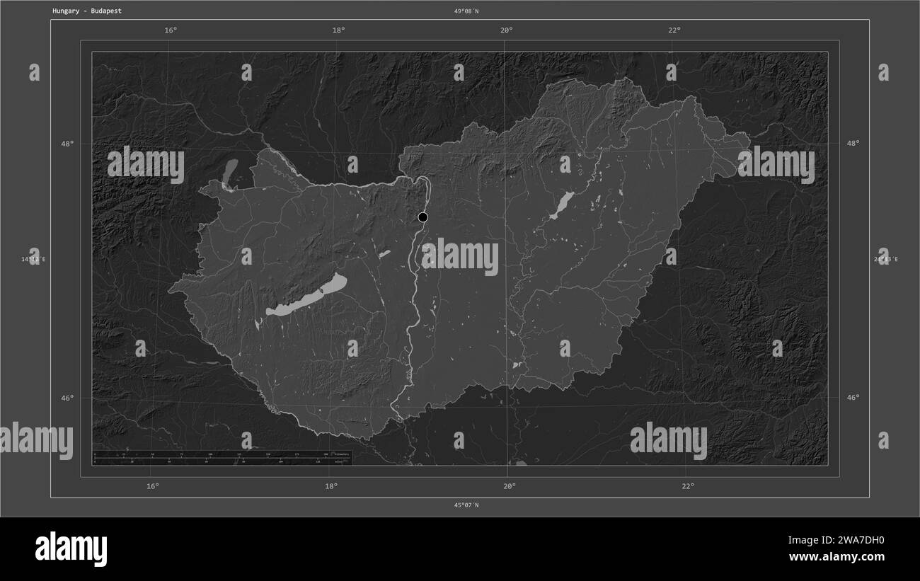 Hungary highlighted on a Bilevel elevation map with lakes and rivers